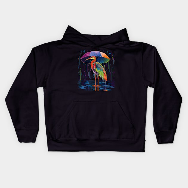 Heron Rainy Day With Umbrella Kids Hoodie by JH Mart